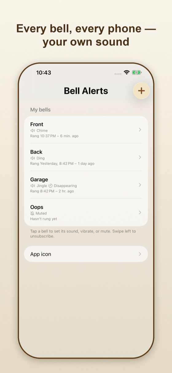 BellAlert app showing a list of bells with their sounds and last ring times